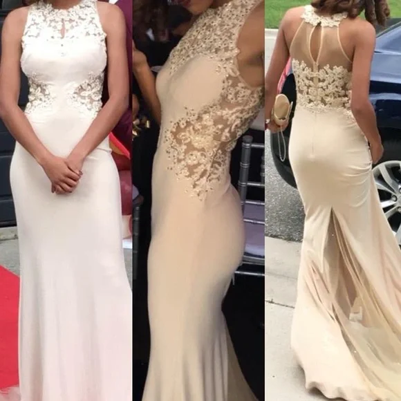 Half Mesh Cream/Gold Prom Gown | Color: Cream/Gold | Size: 0 | Pm-96328668's Closet